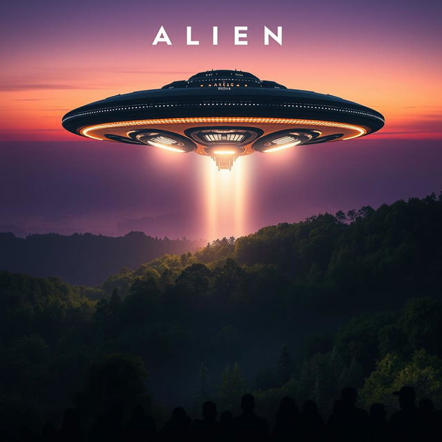 A stunning cinematic movie poster depicting an alien spaceship landing on Earth