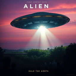 A stunning cinematic movie poster depicting an alien spaceship landing on Earth