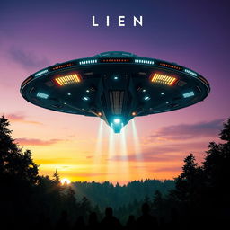 A stunning cinematic movie poster depicting an alien spaceship landing on Earth