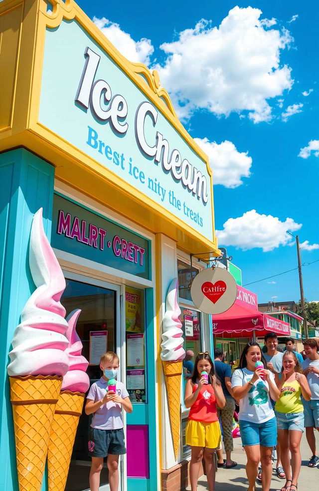 A vibrant, colorful shop front showcasing the best ice cream and frozen treats in town