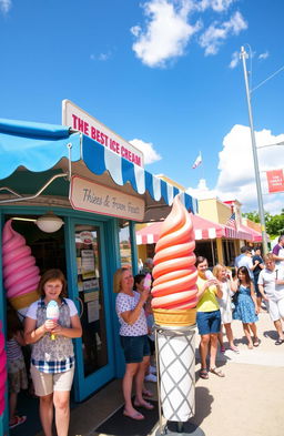 A vibrant, colorful shop front showcasing the best ice cream and frozen treats in town