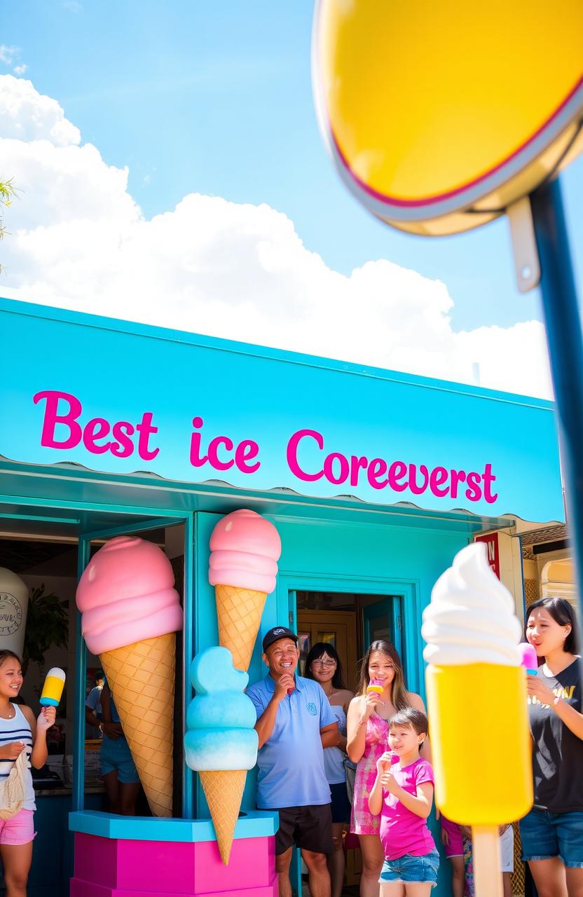 A vibrant, colorful shop front showcasing the best ice cream and frozen treats in town