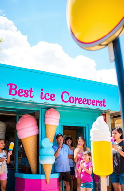 A vibrant, colorful shop front showcasing the best ice cream and frozen treats in town