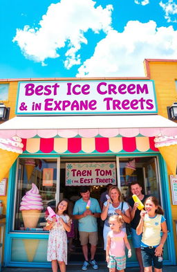 A vibrant, colorful shop front showcasing the best ice cream and frozen treats in town