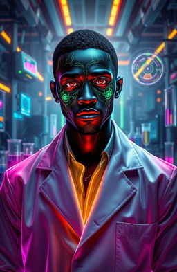 A dramatic and vibrant portrait of Wabrizzo, the black clonizer, portrayed as a futuristic scientist in a high-tech laboratory filled with advanced cloning equipment
