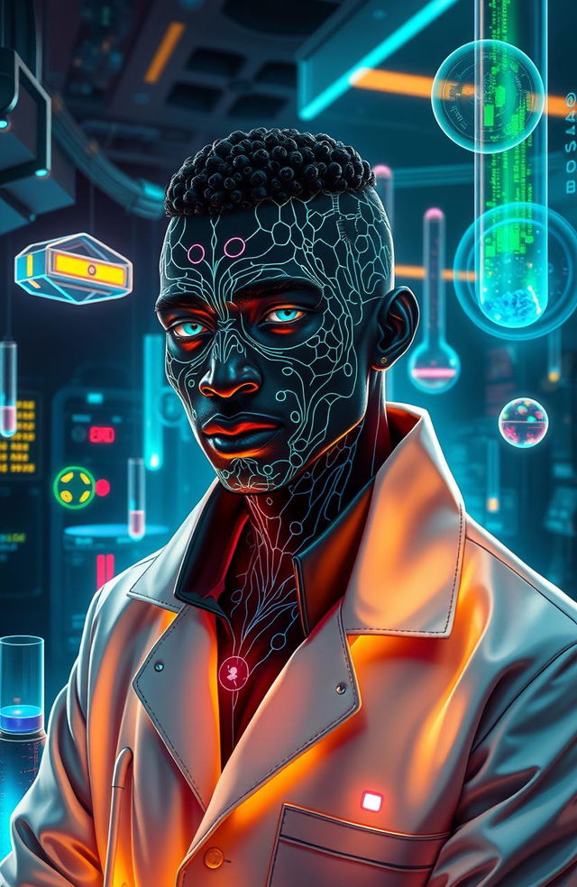 A dramatic and vibrant portrait of Wabrizzo, the black clonizer, portrayed as a futuristic scientist in a high-tech laboratory filled with advanced cloning equipment