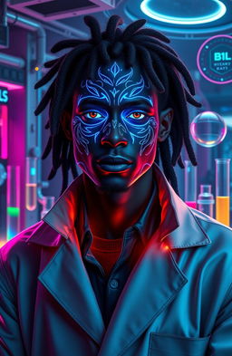 A dramatic and vibrant portrait of Wabrizzo, the black clonizer, portrayed as a futuristic scientist in a high-tech laboratory filled with advanced cloning equipment