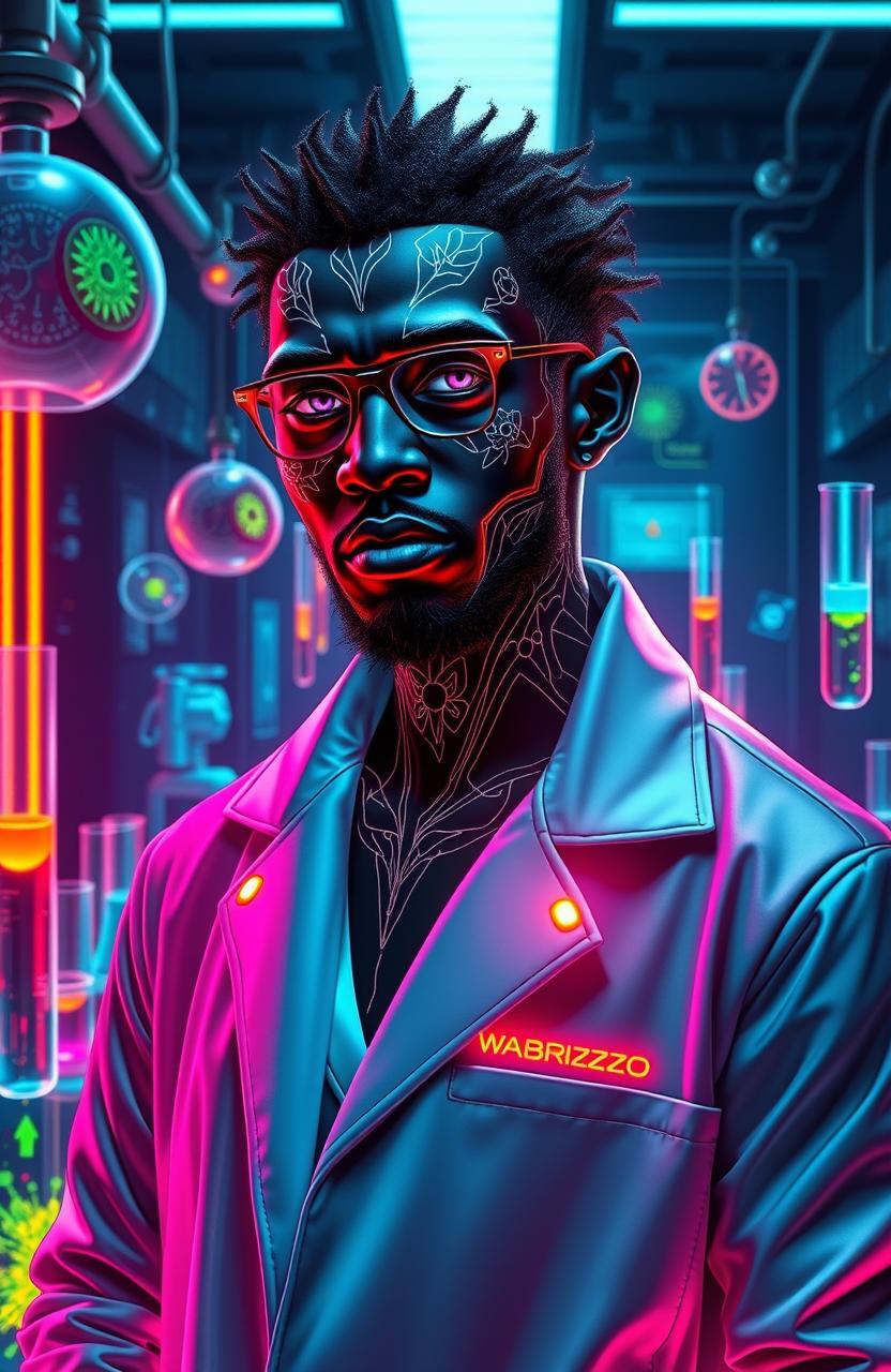 A dramatic and vibrant portrait of Wabrizzo, the black clonizer, portrayed as a futuristic scientist in a high-tech laboratory filled with advanced cloning equipment