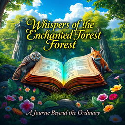 A mystical book cover design featuring an ancient, weathered tome lying open amidst a vibrant forest