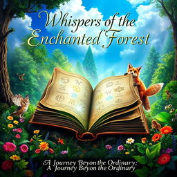 A mystical book cover design featuring an ancient, weathered tome lying open amidst a vibrant forest