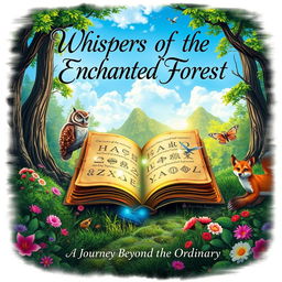 A mystical book cover design featuring an ancient, weathered tome lying open amidst a vibrant forest