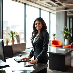 An Indian woman working in a sleek modern office environment, dressed in a stylish office attire that tastefully emphasizes her attire