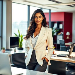 An Indian woman working in a sleek modern office environment, dressed in a stylish office attire that tastefully emphasizes her attire