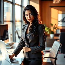 An Indian woman working in a sleek modern office environment, dressed in a stylish office attire that tastefully emphasizes her attire