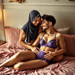 A sensual scene depicting a beautiful woman in a stylish hijab, wearing elegant purple lingerie that includes a bra and matching underwear