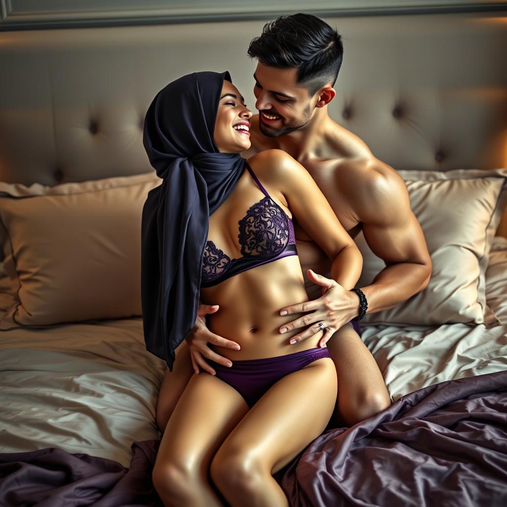 A sensual scene depicting a beautiful woman in a stylish hijab, wearing elegant purple lingerie that includes a bra and matching underwear