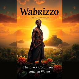 A captivating book cover design for 'Wabrizzo: The Black Colonizer', featuring a strong and noble black protagonist in traditional attire, standing confidently on a lush, vibrant island filled with diverse flora and fauna