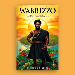 A captivating book cover design for 'Wabrizzo: The Black Colonizer', featuring a strong and noble black protagonist in traditional attire, standing confidently on a lush, vibrant island filled with diverse flora and fauna