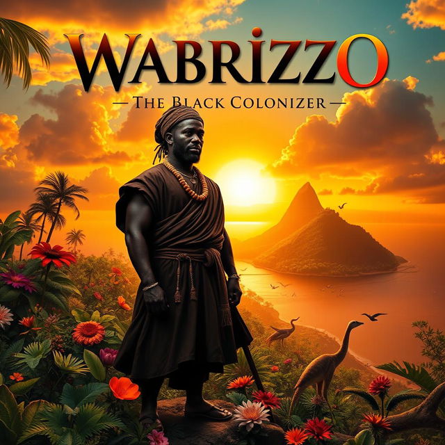 A captivating book cover design for 'Wabrizzo: The Black Colonizer', featuring a strong and noble black protagonist in traditional attire, standing confidently on a lush, vibrant island filled with diverse flora and fauna