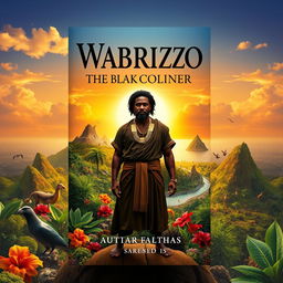 A captivating book cover design for 'Wabrizzo: The Black Colonizer', featuring a strong and noble black protagonist in traditional attire, standing confidently on a lush, vibrant island filled with diverse flora and fauna