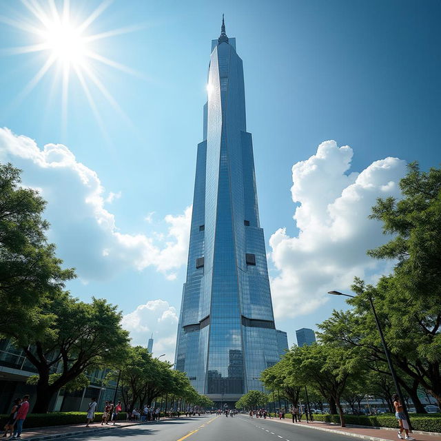 A breathtaking view of the tallest building in Indonesia, the Gama Tower in Jakarta, soaring gracefully into the sky with a stunning skyline in the background