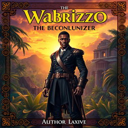 A captivating book cover for 'Wabrizzo the Black Colonizer', featuring a powerful and charismatic black protagonist dressed in an impressive colonial outfit, standing confidently in the foreground
