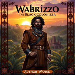 A captivating book cover for 'Wabrizzo the Black Colonizer', featuring a powerful and charismatic black protagonist dressed in an impressive colonial outfit, standing confidently in the foreground