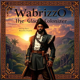 A captivating book cover for 'Wabrizzo the Black Colonizer', featuring a powerful and charismatic black protagonist dressed in an impressive colonial outfit, standing confidently in the foreground