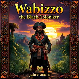 A captivating book cover for 'Wabrizzo the Black Colonizer', featuring a powerful and charismatic black protagonist dressed in an impressive colonial outfit, standing confidently in the foreground