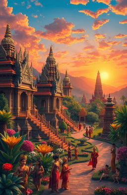 A vibrant and intricate depiction of Majapahit culture, showcasing the artistic and architectural achievements of the Majapahit empire in Southeast Asia
