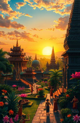 A vibrant and intricate depiction of Majapahit culture, showcasing the artistic and architectural achievements of the Majapahit empire in Southeast Asia