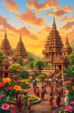 A vibrant and intricate depiction of Majapahit culture, showcasing the artistic and architectural achievements of the Majapahit empire in Southeast Asia