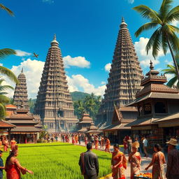 An elaborate representation of Majapahit culture, capturing the towering temples with ornate carvings, symbols of Hindu-Buddhist influence, and traditional Javanese architecture