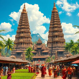 An elaborate representation of Majapahit culture, capturing the towering temples with ornate carvings, symbols of Hindu-Buddhist influence, and traditional Javanese architecture