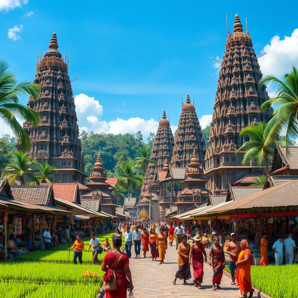 An elaborate representation of Majapahit culture, capturing the towering temples with ornate carvings, symbols of Hindu-Buddhist influence, and traditional Javanese architecture