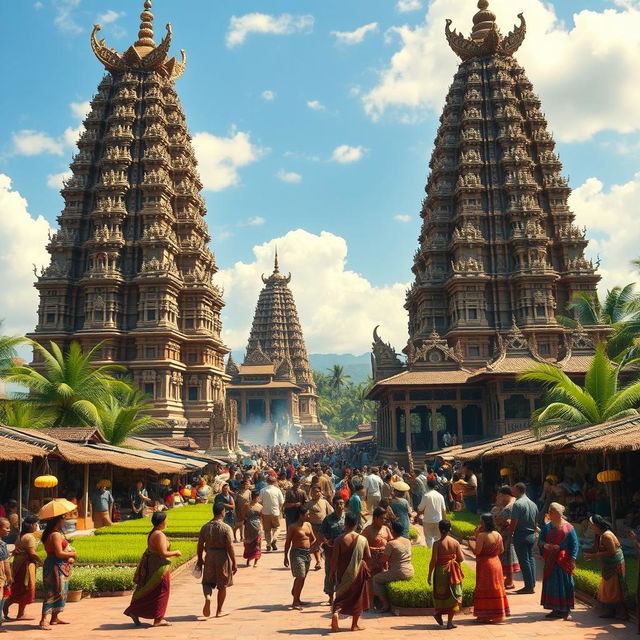 An elaborate representation of Majapahit culture, capturing the towering temples with ornate carvings, symbols of Hindu-Buddhist influence, and traditional Javanese architecture