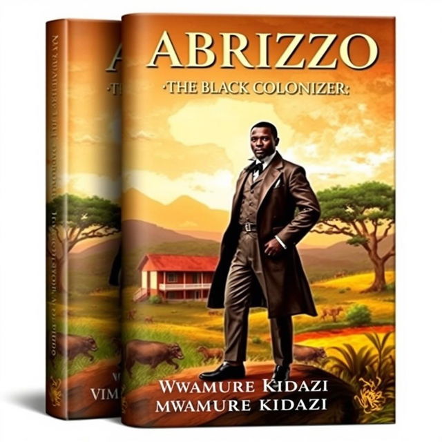 A striking book cover for 'Wabrizzo the Black Colonizer' by Mwamure Kidazi, featuring a powerful and charismatic black male figure dressed in colonial attire, confidently standing on a vibrant, lush landscape representing Africa