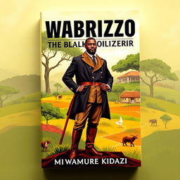 A striking book cover for 'Wabrizzo the Black Colonizer' by Mwamure Kidazi, featuring a powerful and charismatic black male figure dressed in colonial attire, confidently standing on a vibrant, lush landscape representing Africa
