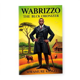 A striking book cover for 'Wabrizzo the Black Colonizer' by Mwamure Kidazi, featuring a powerful and charismatic black male figure dressed in colonial attire, confidently standing on a vibrant, lush landscape representing Africa