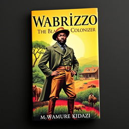 A striking book cover for 'Wabrizzo the Black Colonizer' by Mwamure Kidazi, featuring a powerful and charismatic black male figure dressed in colonial attire, confidently standing on a vibrant, lush landscape representing Africa