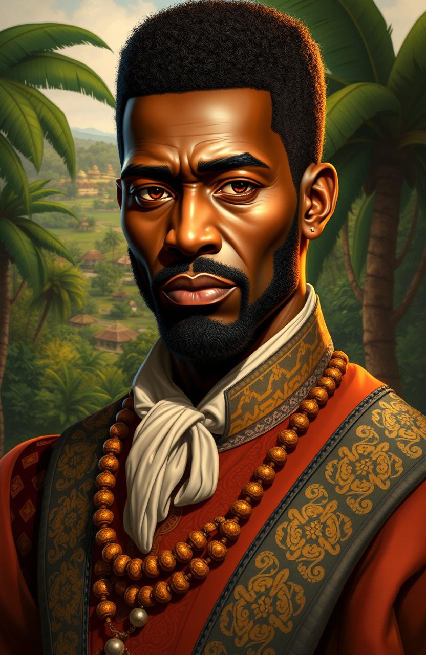 A detailed portrait of the character Wabrizzo, a charismatic and powerful black colonizer