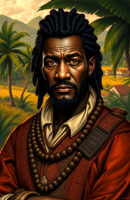 A detailed portrait of the character Wabrizzo, a charismatic and powerful black colonizer