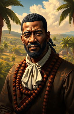 A detailed portrait of the character Wabrizzo, a charismatic and powerful black colonizer