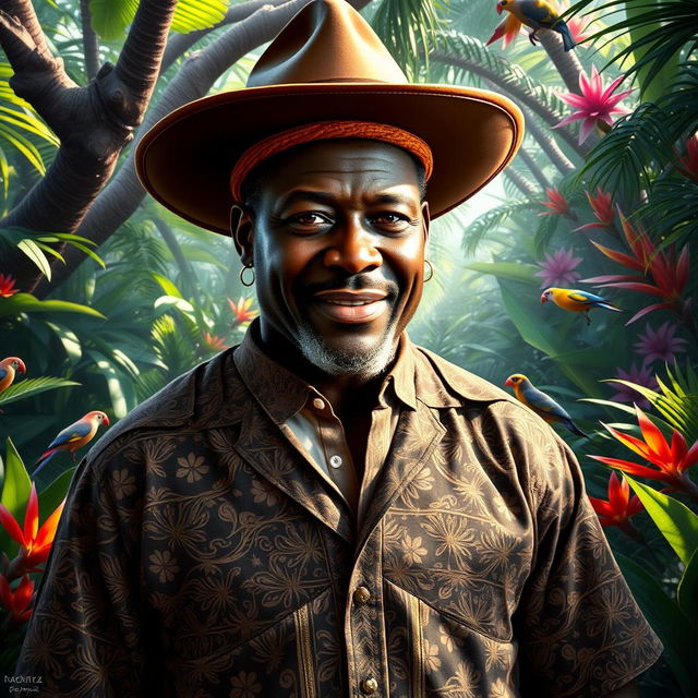 A photo-realistic portrait of Wabrizzo, an imposing figure with a commanding presence, standing confidently in a lush, vibrant jungle setting filled with exotic trees and colorful wildlife