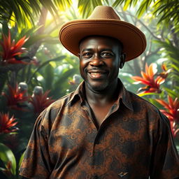 A photo-realistic portrait of Wabrizzo, an imposing figure with a commanding presence, standing confidently in a lush, vibrant jungle setting filled with exotic trees and colorful wildlife