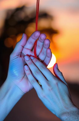 A romantic scene depicting two hands gently holding a red string, symbolizing connection and bond