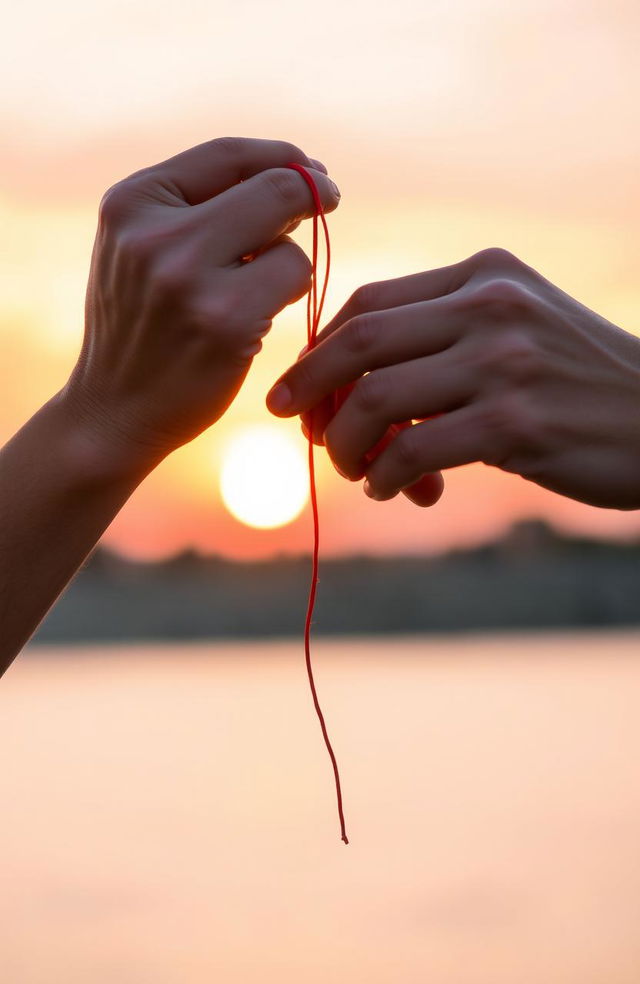 A romantic scene depicting two hands gently holding a red string, symbolizing connection and bond