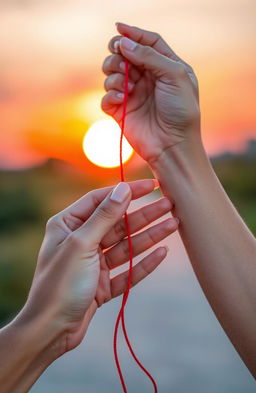 A romantic scene depicting two hands gently holding a red string, symbolizing connection and bond