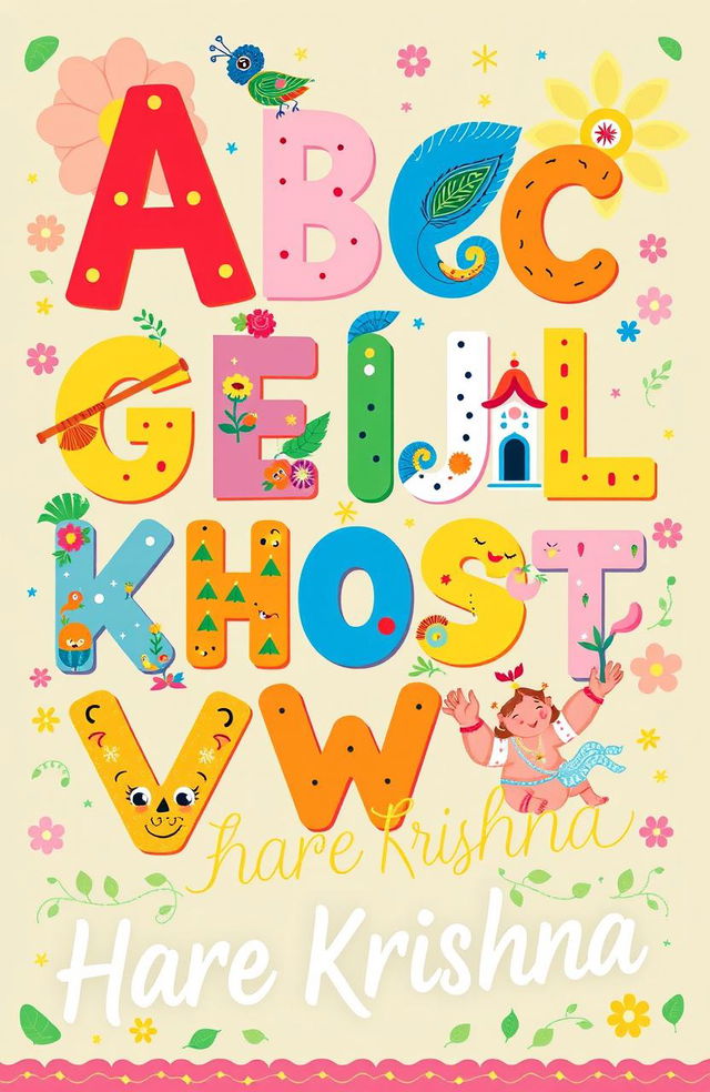 A whimsical and colorful illustration representing the ABCs with a Hare Krishna theme