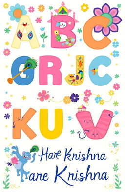A whimsical and colorful illustration representing the ABCs with a Hare Krishna theme
